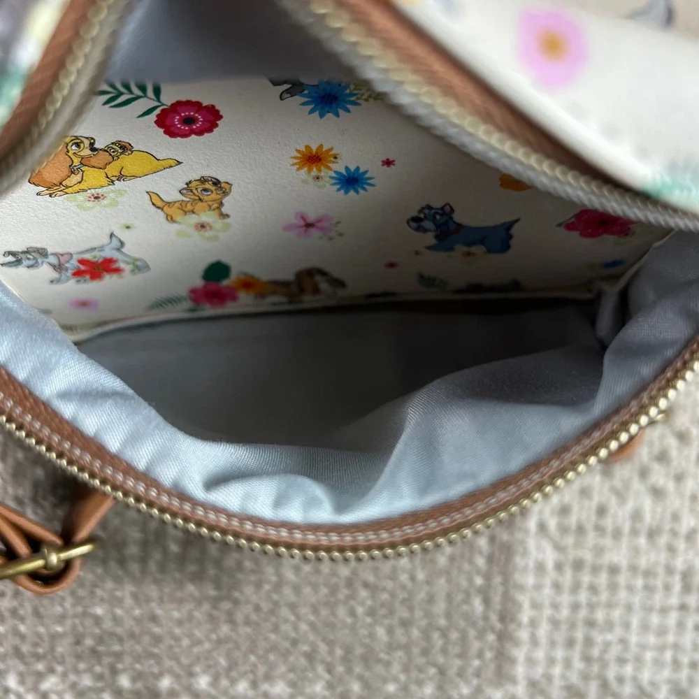 Disney Loungefly Mini Backpack Floral Dogs and Cats White Brown Faux Leather